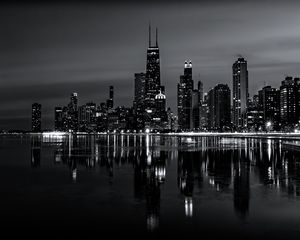 Preview wallpaper buildings, lights, reflection, sea, black and white, city