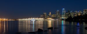 Preview wallpaper buildings, lights, river, reflection, stones, night, city