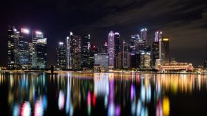 Preview wallpaper buildings, lights, river, reflection, night, city, singapore