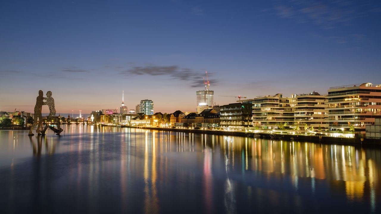 Wallpaper buildings, lights, river, night, city