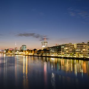 Preview wallpaper buildings, lights, river, night, city