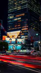 Preview wallpaper buildings, lights, road, long exposure, city, night