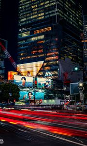 Preview wallpaper buildings, lights, road, long exposure, city, night