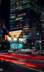 Preview wallpaper buildings, lights, road, long exposure, city, night