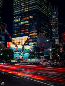 Preview wallpaper buildings, lights, road, long exposure, city, night