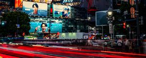 Preview wallpaper buildings, lights, road, long exposure, city, night