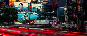 Preview wallpaper buildings, lights, road, long exposure, city, night