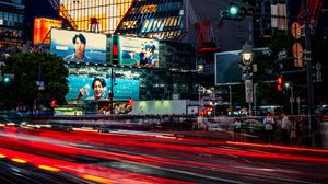 Preview wallpaper buildings, lights, road, long exposure, city, night