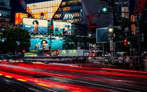 Preview wallpaper buildings, lights, road, long exposure, city, night