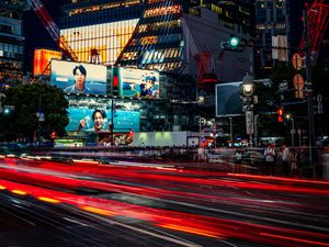 Preview wallpaper buildings, lights, road, long exposure, city, night