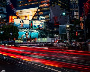 Preview wallpaper buildings, lights, road, long exposure, city, night