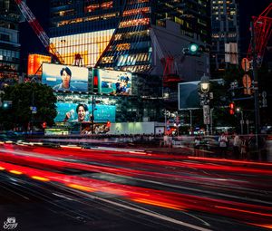 Preview wallpaper buildings, lights, road, long exposure, city, night