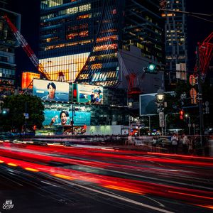 Preview wallpaper buildings, lights, road, long exposure, city, night