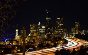 Preview wallpaper buildings, lights, road, glow, city, night