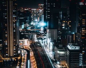 Preview wallpaper buildings, lights, road, glow, freezelight, night, city