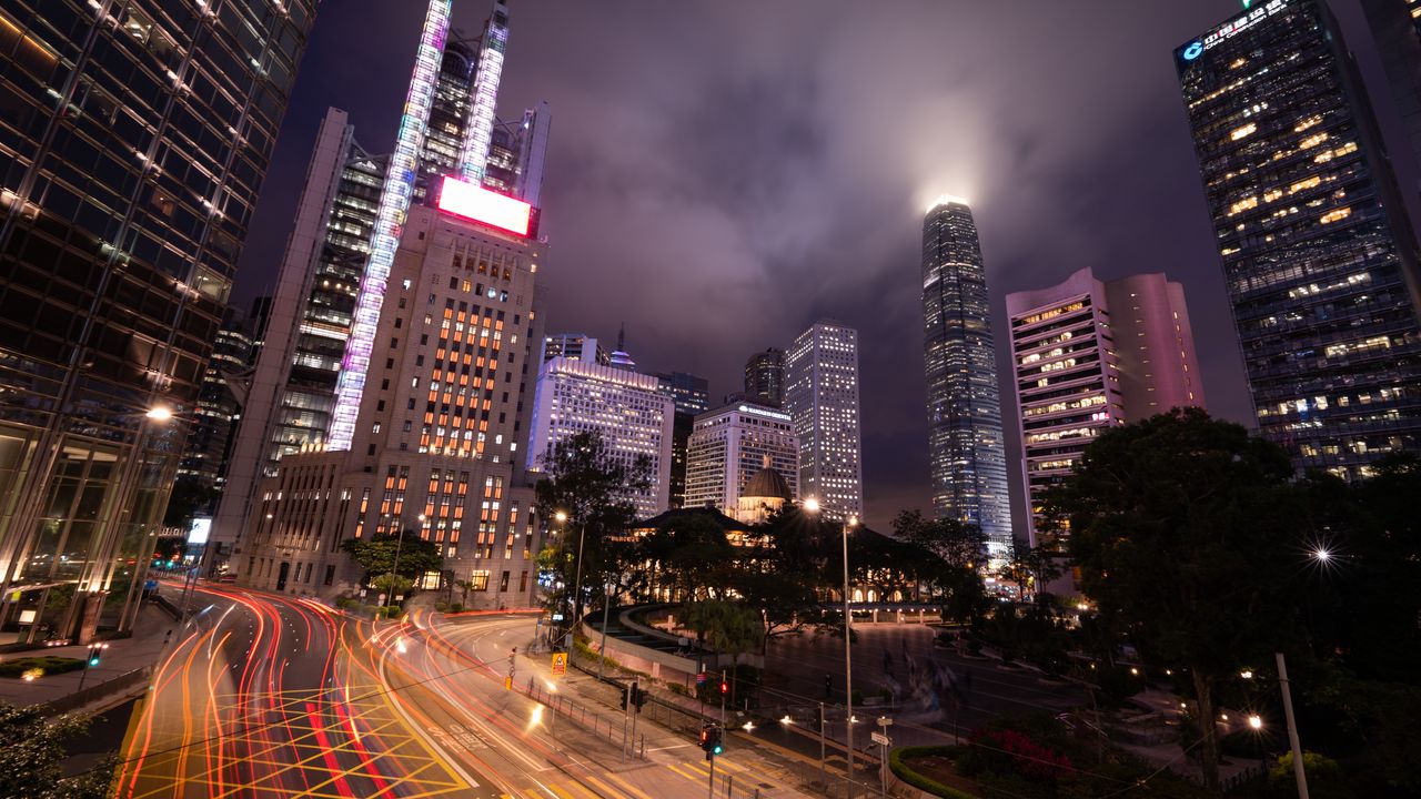 Wallpaper buildings, lights, road, freezelight, evening