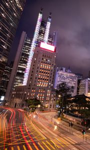 Preview wallpaper buildings, lights, road, freezelight, evening