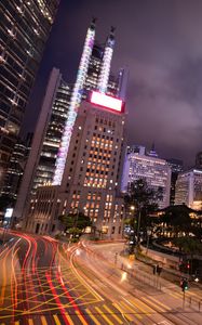 Preview wallpaper buildings, lights, road, freezelight, evening