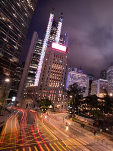 Preview wallpaper buildings, lights, road, freezelight, evening