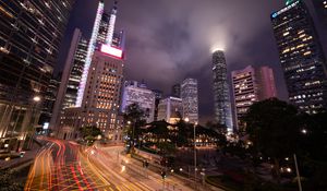 Preview wallpaper buildings, lights, road, freezelight, evening