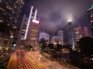 Preview wallpaper buildings, lights, road, freezelight, evening