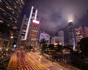 Preview wallpaper buildings, lights, road, freezelight, evening