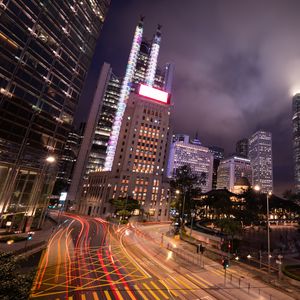 Preview wallpaper buildings, lights, road, freezelight, evening