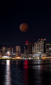 Preview wallpaper buildings, lights, sea, city, moon, full moon