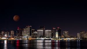 Preview wallpaper buildings, lights, sea, city, moon, full moon