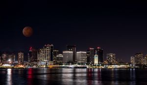 Preview wallpaper buildings, lights, sea, city, moon, full moon