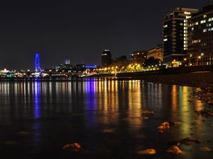 Preview wallpaper buildings, lights, sea, backlight, night, city