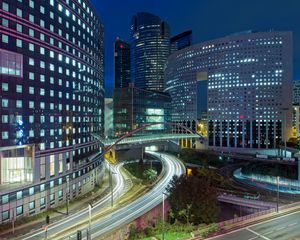 Preview wallpaper buildings, lights, skyscrapers, night, city, roads