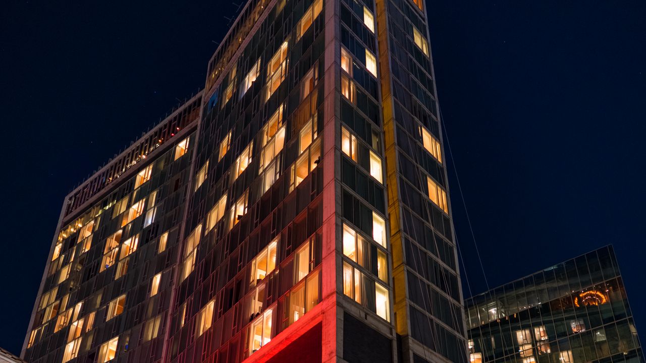 Wallpaper buildings, lights, street, night, bottom view, dark