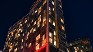 Preview wallpaper buildings, lights, street, night, bottom view, dark