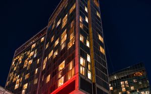 Preview wallpaper buildings, lights, street, night, bottom view, dark