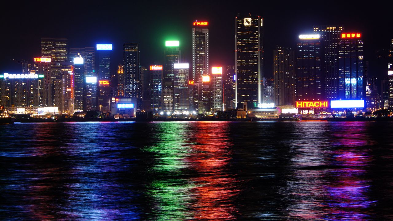 Wallpaper buildings, lights, water, night, city