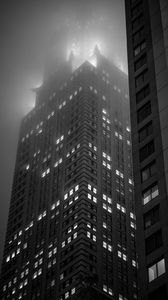 Preview wallpaper buildings, lights, windows, fog, night, black and white