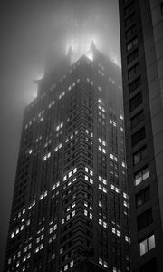 Preview wallpaper buildings, lights, windows, fog, night, black and white