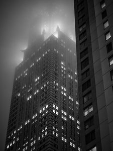 Preview wallpaper buildings, lights, windows, fog, night, black and white