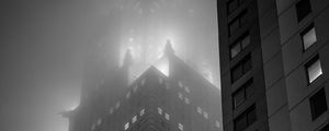 Preview wallpaper buildings, lights, windows, fog, night, black and white