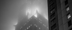 Preview wallpaper buildings, lights, windows, fog, night, black and white