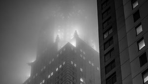 Preview wallpaper buildings, lights, windows, fog, night, black and white