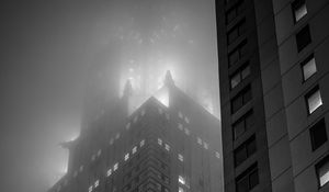 Preview wallpaper buildings, lights, windows, fog, night, black and white