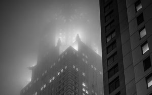 Preview wallpaper buildings, lights, windows, fog, night, black and white