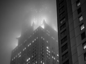 Preview wallpaper buildings, lights, windows, fog, night, black and white