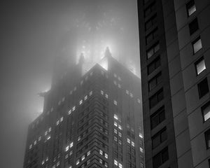 Preview wallpaper buildings, lights, windows, fog, night, black and white