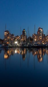 Preview wallpaper buildings, lights, yachts, pier, reflection, city