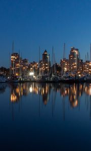 Preview wallpaper buildings, lights, yachts, pier, reflection, city