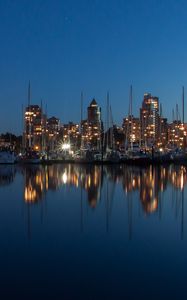 Preview wallpaper buildings, lights, yachts, pier, reflection, city