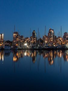 Preview wallpaper buildings, lights, yachts, pier, reflection, city